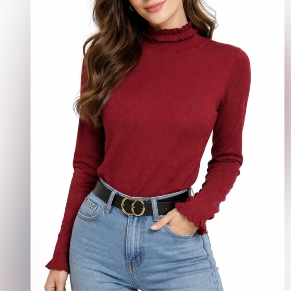 Lafayette 148 New York Women’s Ruffle Mock Neck Sweater Burgundy Medium - Picture 1 of 7